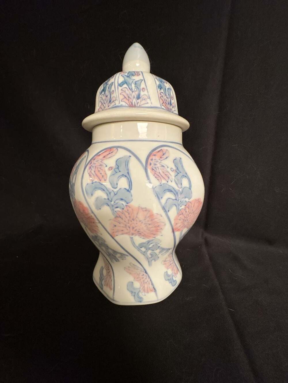 Vintage Porcelain Ginger Jar w/ Lid Hand Painted Blue & Pink Floral Chinoiserie